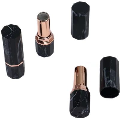 Luxury Black Marble Pattern Octagonal Lipstick Tube Container with Rose Gold Accent