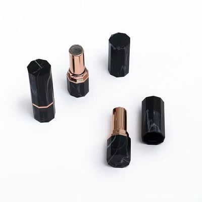 Luxury Black Marble Pattern Octagonal Lipstick Tube Container with Rose Gold Accent