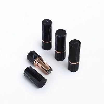 Luxury Black Marble Pattern Octagonal Lipstick Tube Container with Rose Gold Accent