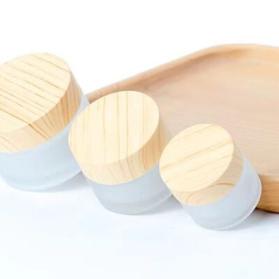 5g 10g 15g 30g 50g Empty Frosted Glass Cream Jars Refillable Cosmetic Natural Wood Leakproof Travel Storage Containers for Eye Cream Face Mask Skincare