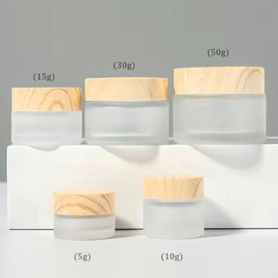 5g 10g 15g 30g 50g Empty Frosted Glass Cream Jars Refillable Cosmetic Natural Wood Leakproof Travel Storage Containers for Eye Cream Face Mask Skincare