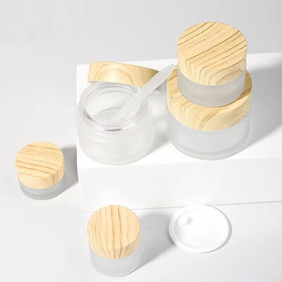 5g 10g 15g 30g 50g Empty Frosted Glass Cream Jars Cosmetic Natural Wood Leakproof Containers for Eye Cream Face Mask Skincare