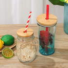 86mm Bamboo Mason Jar Lids Glass Beer Can With Glass Straw Hole