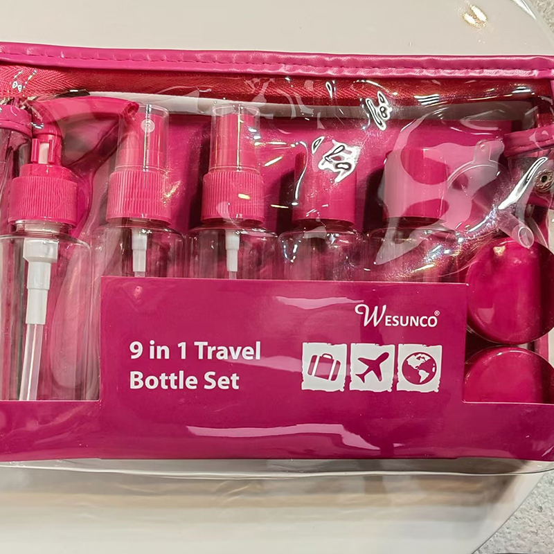 60ml 9pcs Set Plastic Travel Set Bottle Zipper Bag Set Cosmetic Container Lotion Pump Spray Flip Cap Bottle