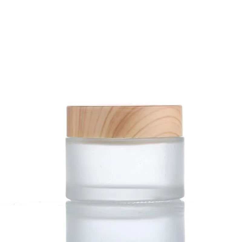 5g 10g 15g 30g 50g Empty Frosted Glass Cream Jars Refillable Cosmetic Natural Wood Leakproof Travel Storage Containers for Eye Cream Face Mask Skincare