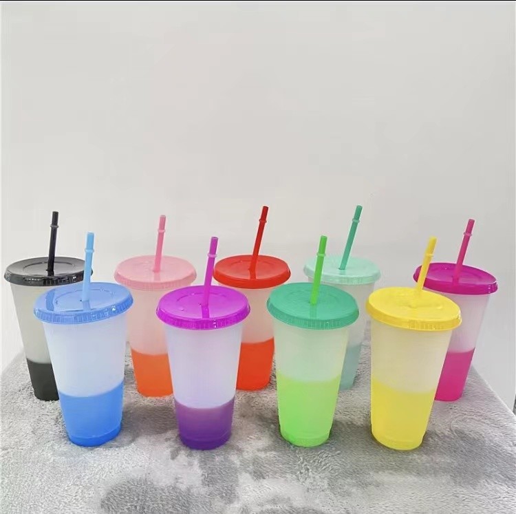 Temperature Sense Gradient Drinking Cup 700ml 24oz Plastic With Straw And Lid